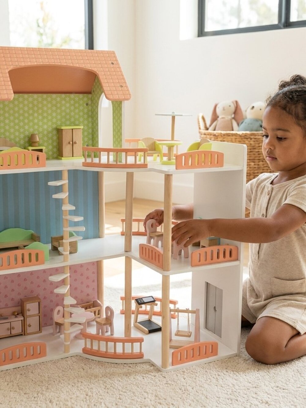 Wooden Dollhouse Playset, 3-Story Montessori Pretend Play Toy - Picture 2 of 16
